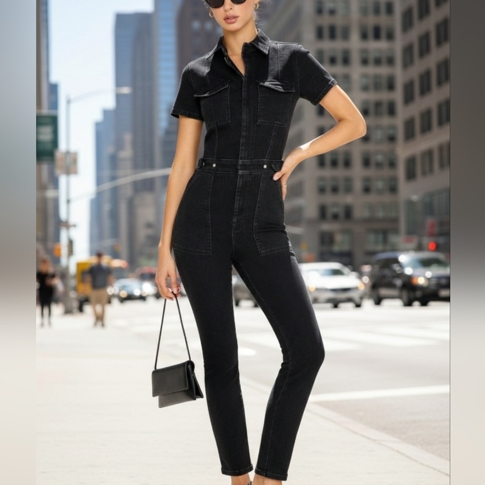 Good American Fit For Success Black Denim Jumpsuit XS Women's NWT